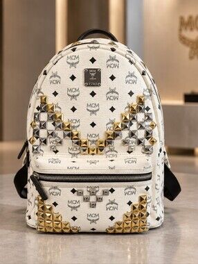MCM White Logo Backpack with Gold & Silver Pyramid Studs Huge Bag Like New